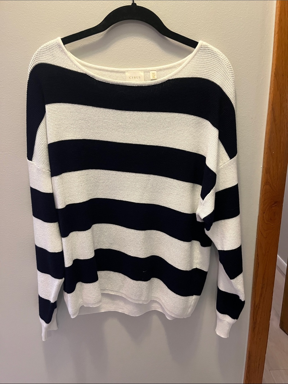 Cyrus Women's Navy and White Wide Stripe Crewneck Sweater
